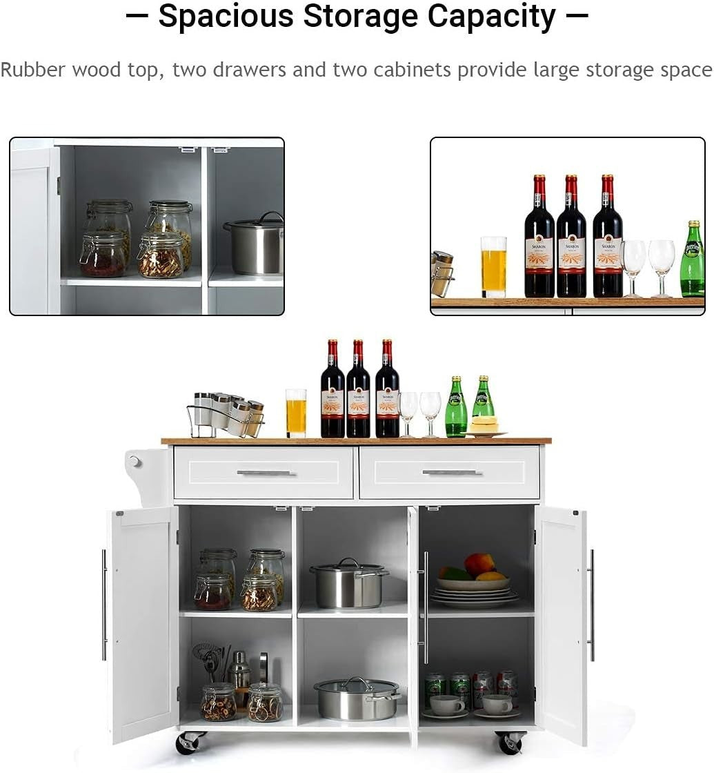 Mobile Kitchen Island Cart with Rubberwood Top, Lockable Wheels & Storage