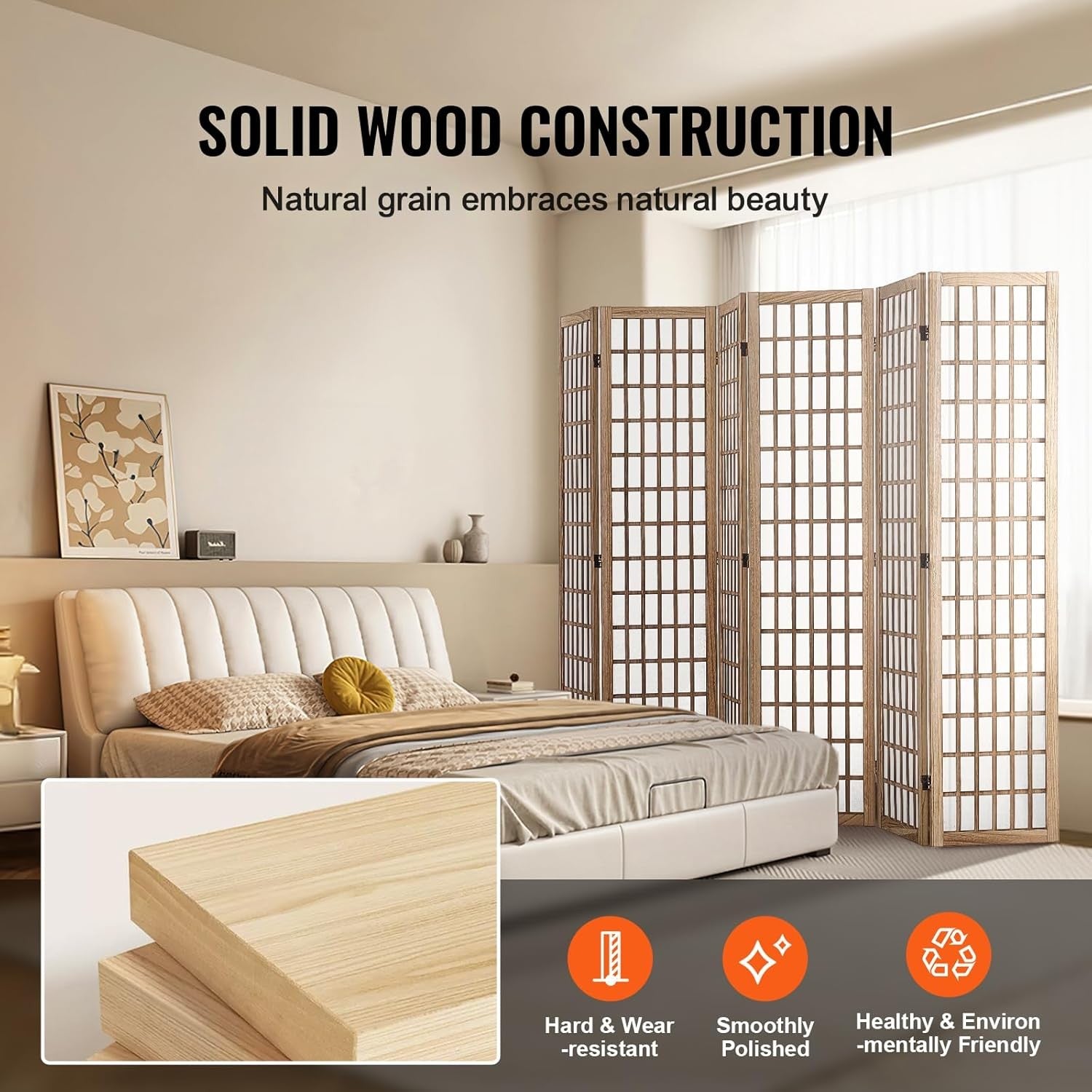 6 Panel Japanese Folding Room Divider Wood Privacy Screen 240x170cm Natural