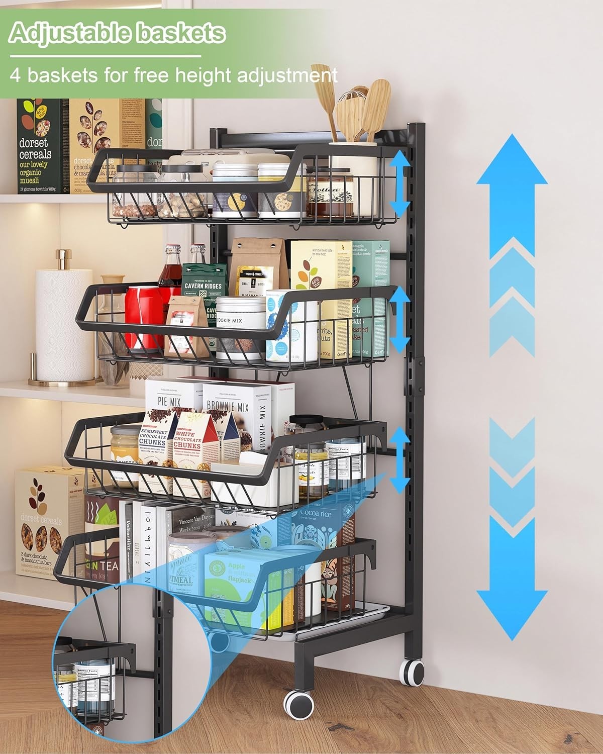 4 Tier Rolling Kitchen Storage Trolley Vegetable Rack Cart Black