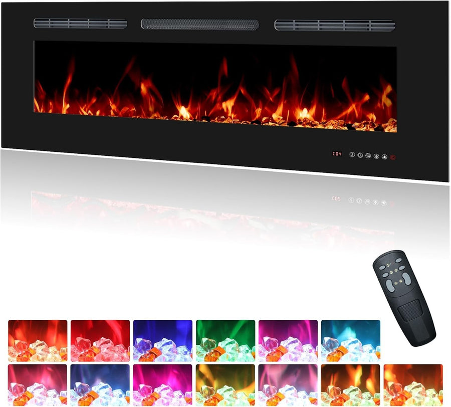 48" Wall Mounted Electric Fireplace Heater LED Fire & Timer Remote