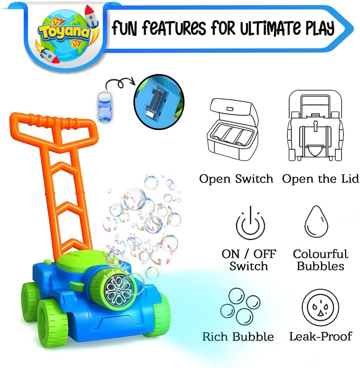 Kids Bubble Lawn Mower Toy with Lights & 2 Bubble Solutions