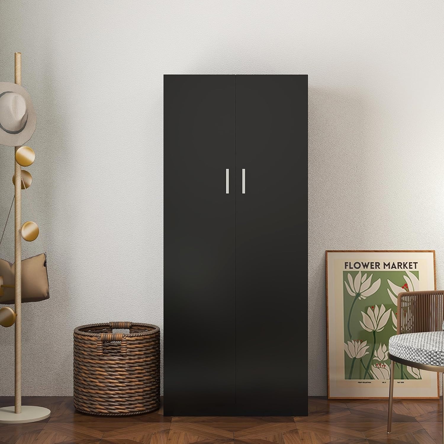 Black 2 Door Wardrobe with Hanging Rail & Storage Shelf for Small Rooms