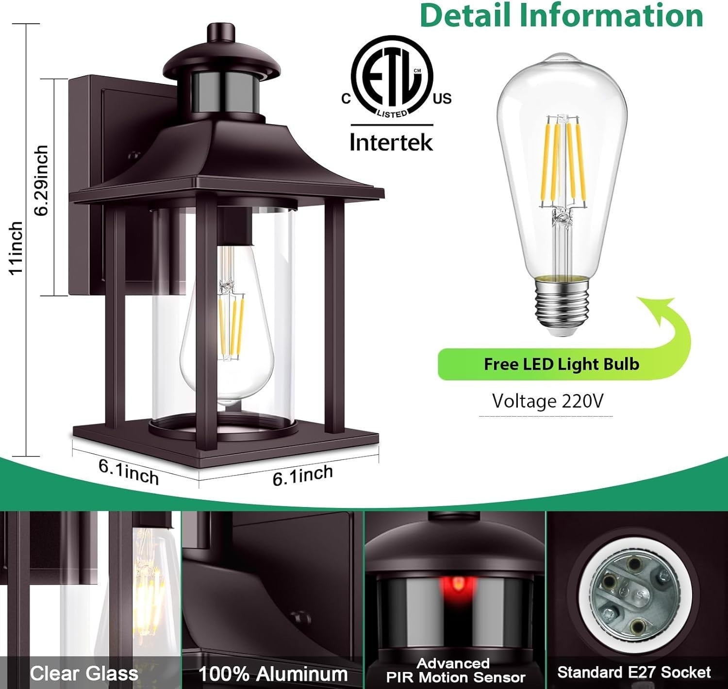 Waterproof Outdoor Motion Sensor Wall Light with Bulb, Aluminium Sconce