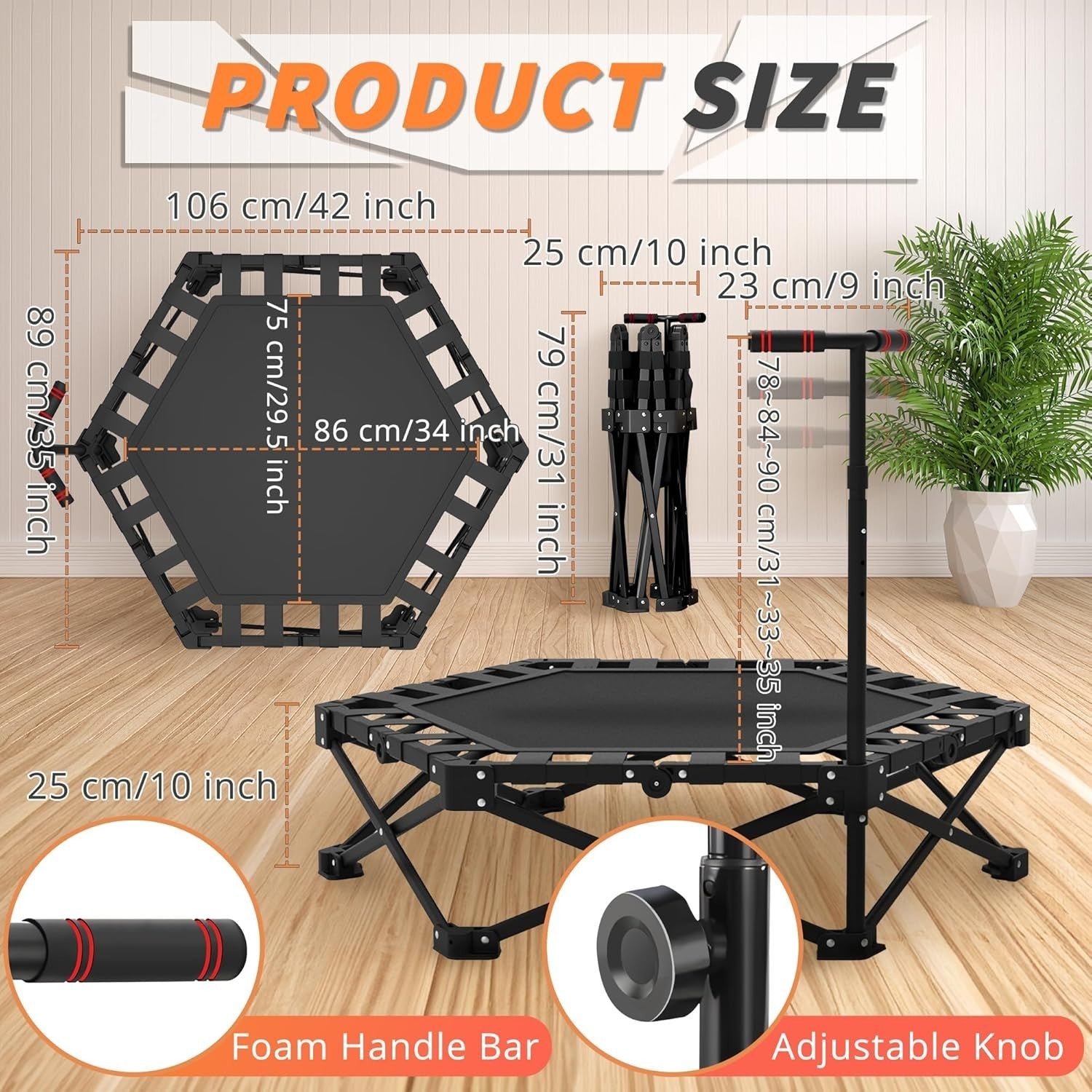 42” Foldable Fitness Trampoline Indoor Rebounder w Adjustable Handle 450lbs
