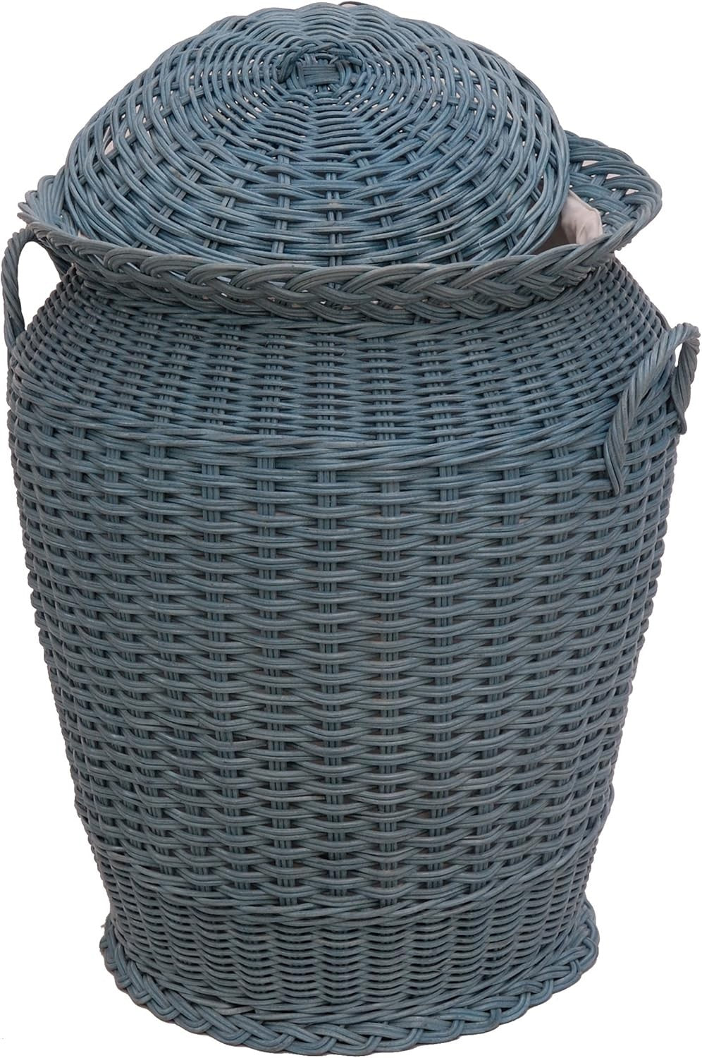 Round Rattan Laundry Basket with Lid 59cm Tall Handmade Woven Hamper Blue