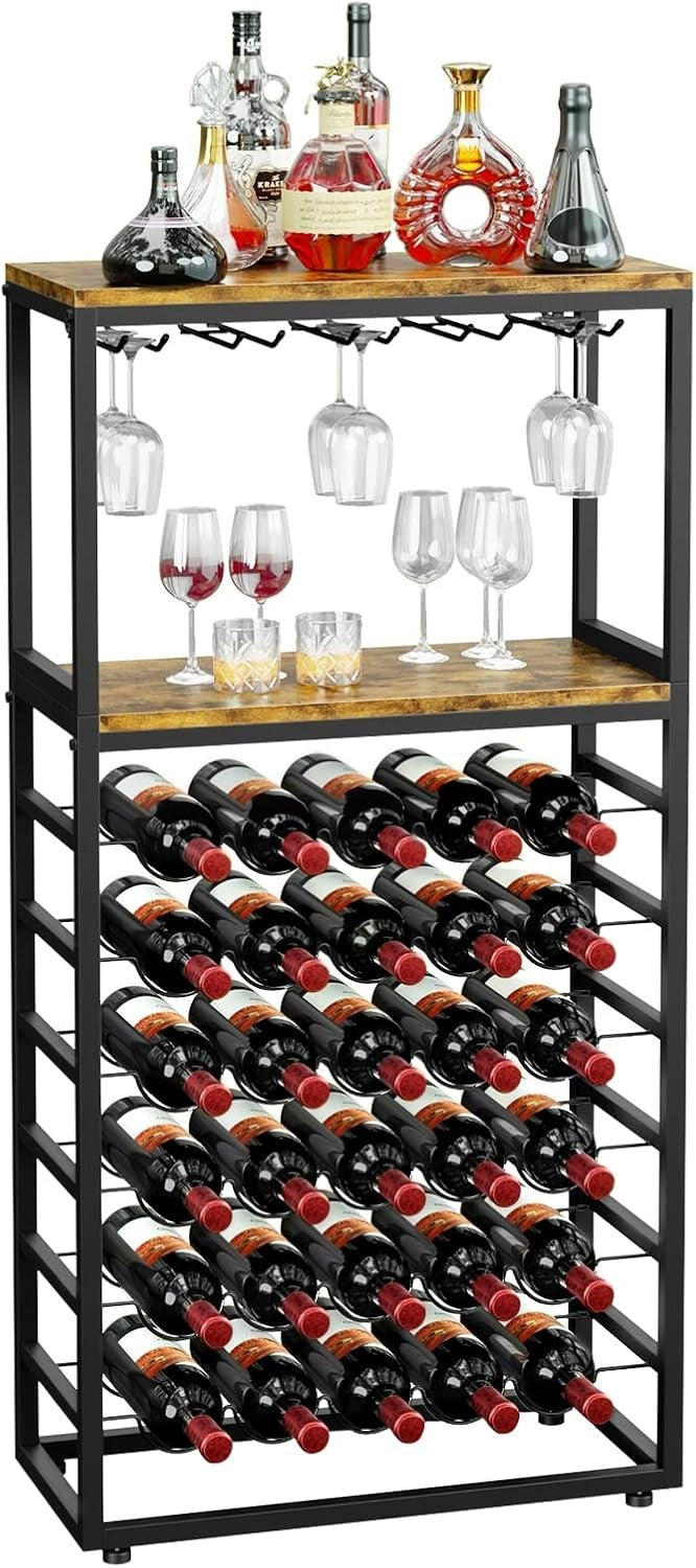 30 Bottle Wine Rack with Glass Holder & Shelves, 6-Tier Freestanding Bar