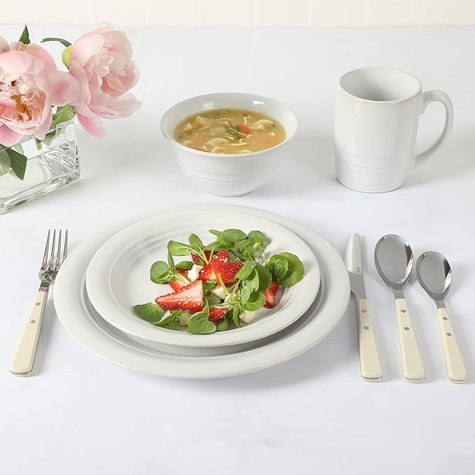 32pc Stoneware Dinnerware & Cutlery Set Service for 4 Linen White Plates