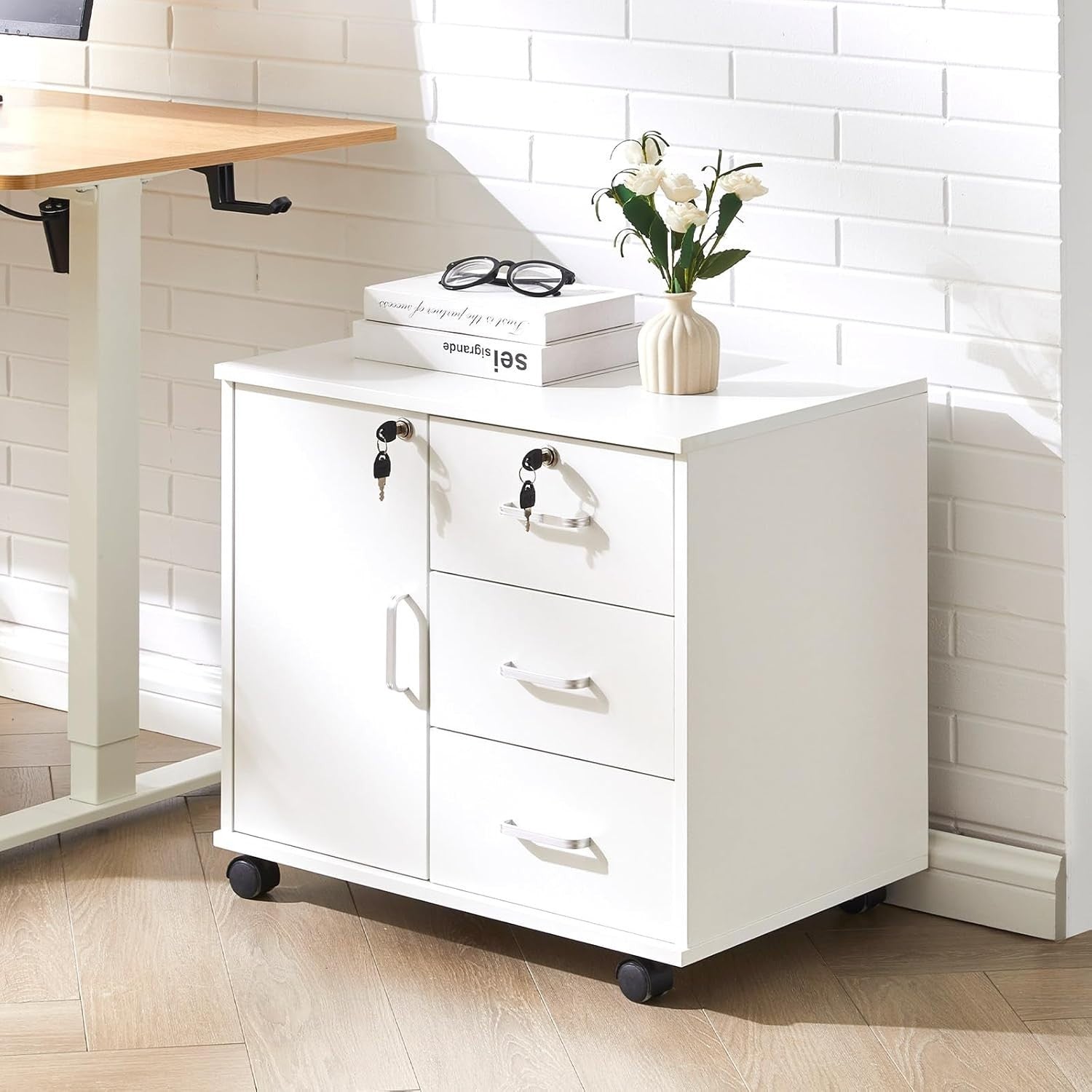 Locking Mobile File Cabinet 3 Drawer Printer Stand Rolling Office Storage