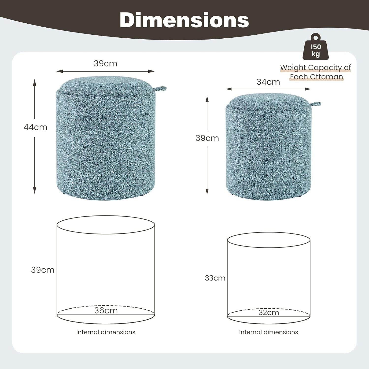 Blue Nesting Round Footstools Set of 2 Storage Ottomans with Tray Tops