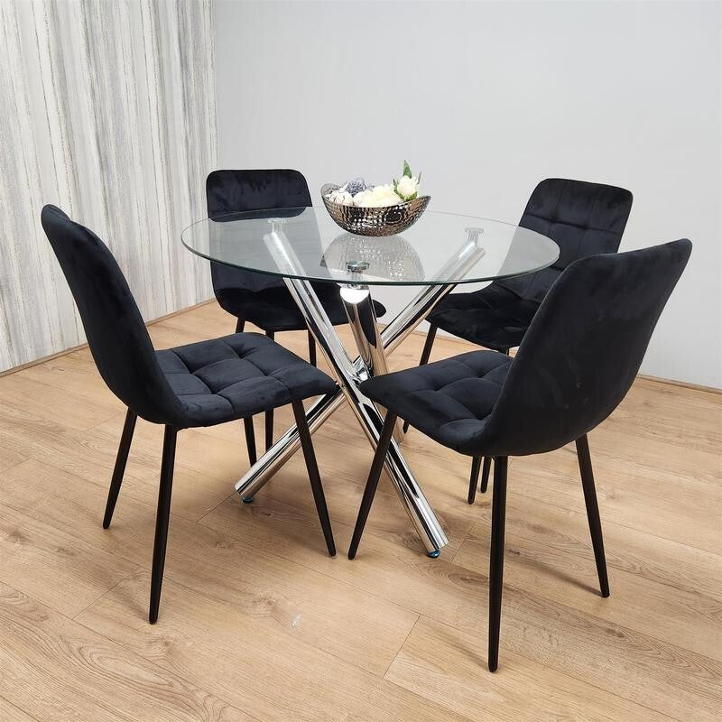 Round Glass Dining Table Set with 4 Black Velvet Chairs Chrome Legs