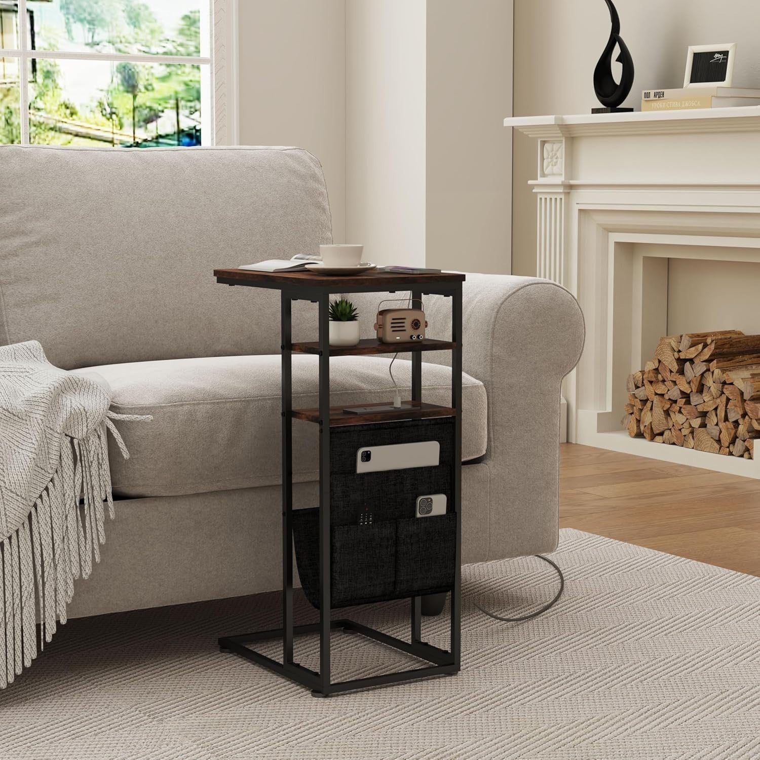 Retro C-Shaped End Table with Charging Station 3-Tier Storage Slim Sofa Table