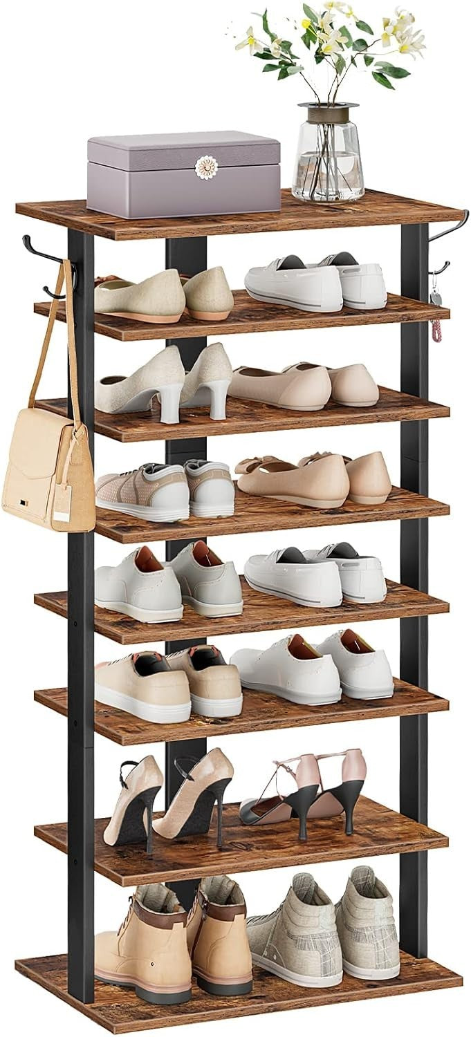 Tall Narrow Wooden Shoe Rack 8-Tier Storage Organizer with Hooks Industrial