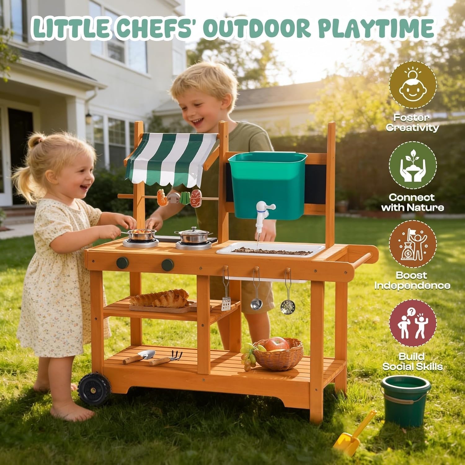 Kids Outdoor Mud Kitchen Wooden BBQ Playset Water Sink with Wheels