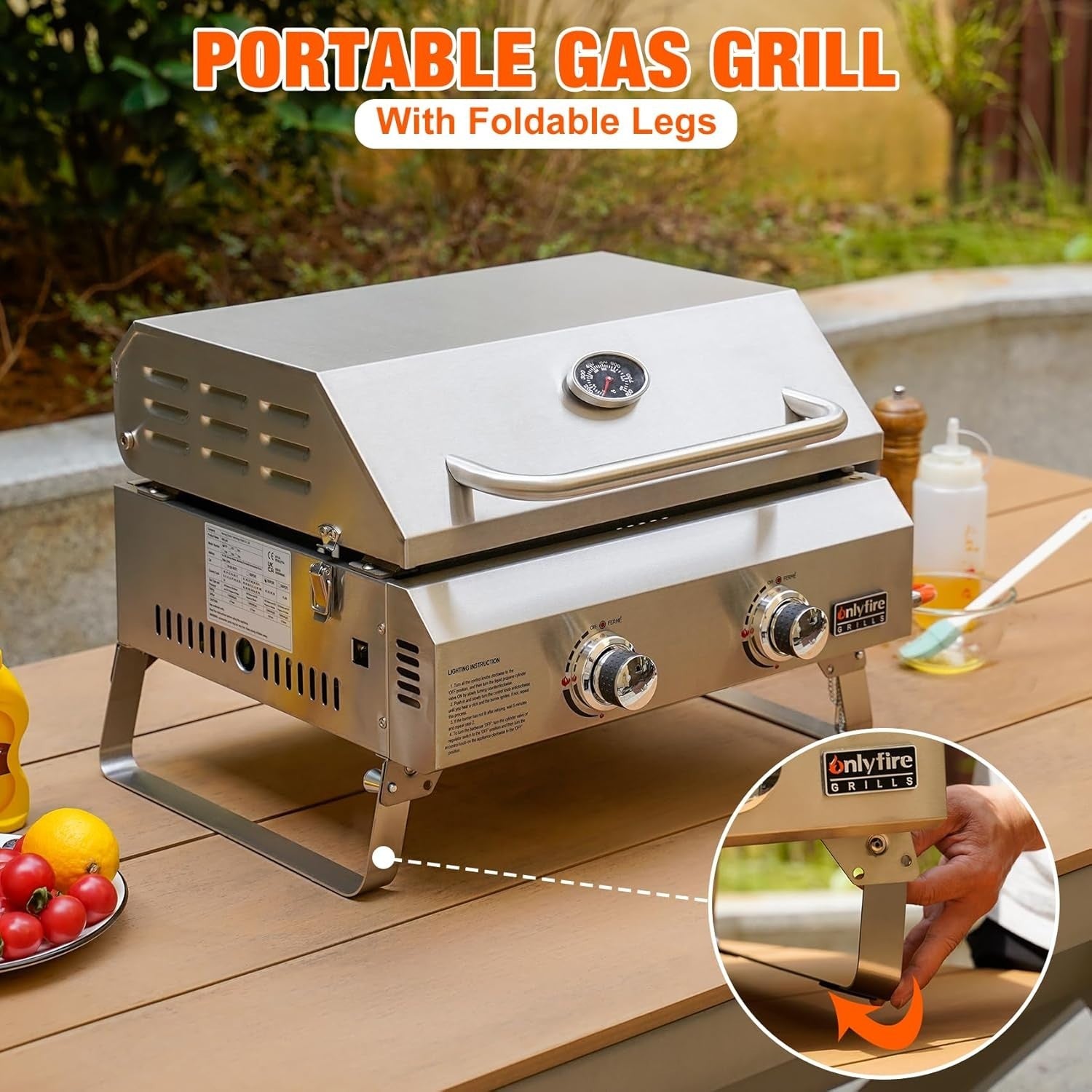 Portable 2 Burner Gas BBQ Plancha Grill with Lid & Thermometer | Tabletop