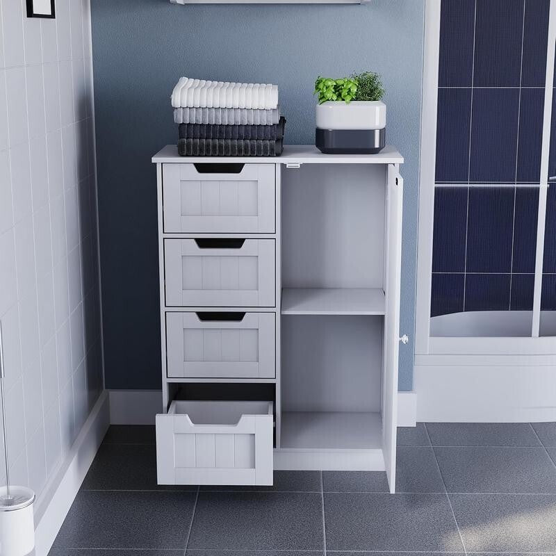 White Bathroom Cabinet 4 Drawer 1 Door Cupboard – Adjustable Shelf Storage