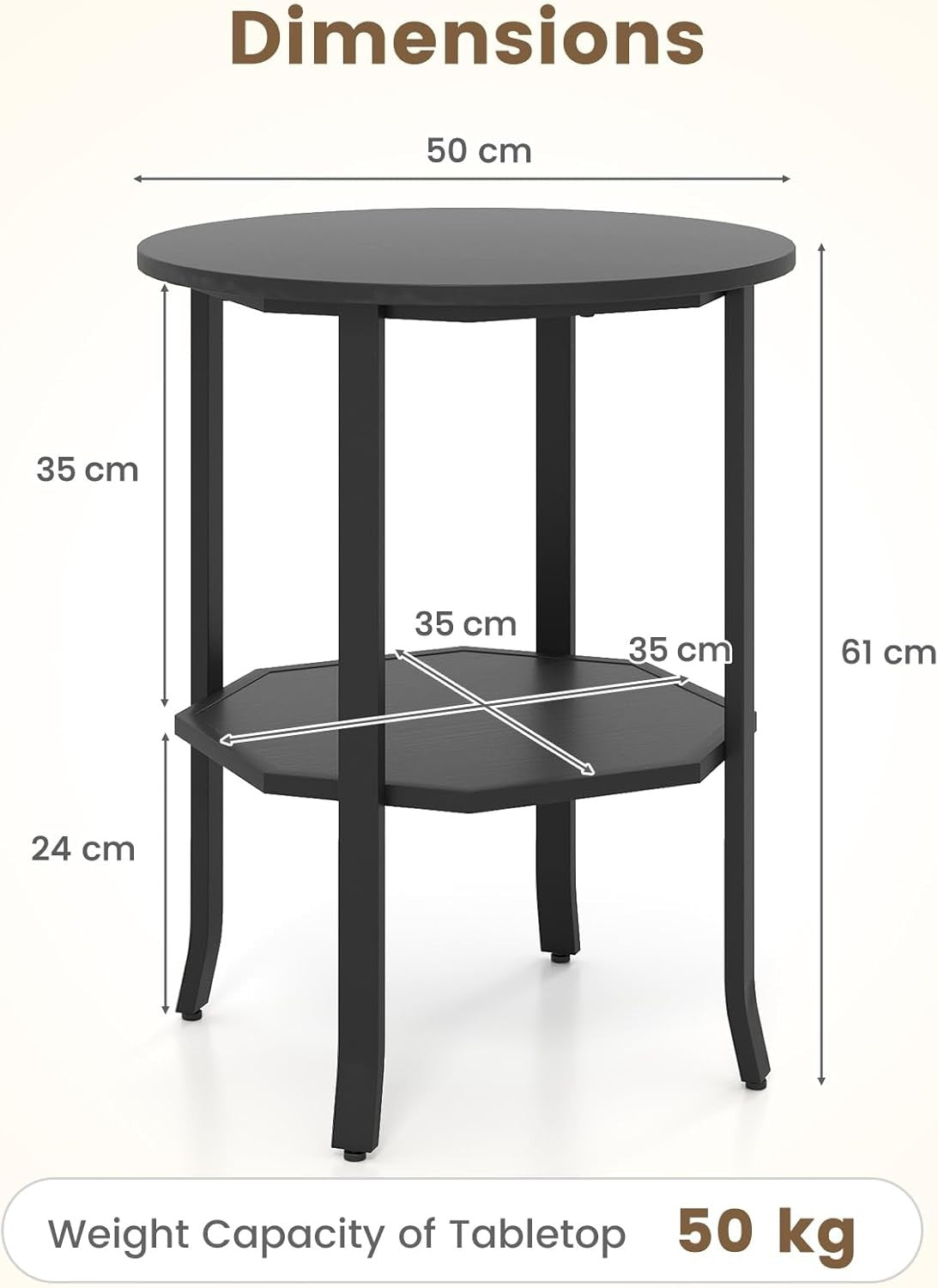 Round Black Side Table 2-Tier | Industrial Sofa End Table with Shelf 50×61cm