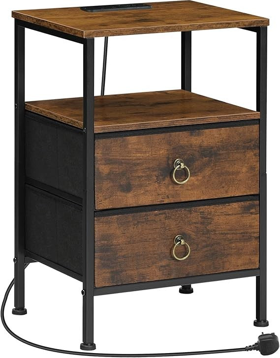 Rustic Bedside Table with Charging Station USB Ports, 2 Drawer Nightstand