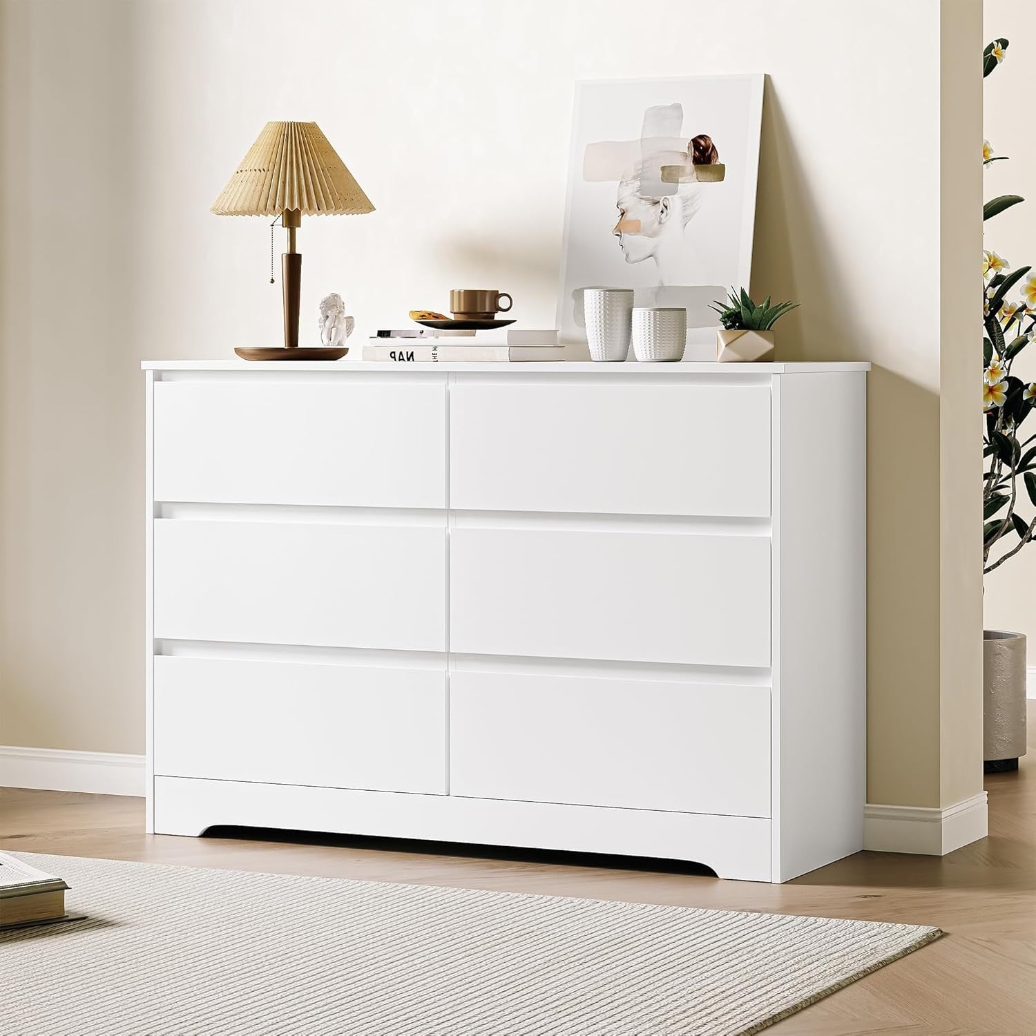 White 6 Drawer Chest Modern Wide Dresser Storage Unit Bedroom Cabinet