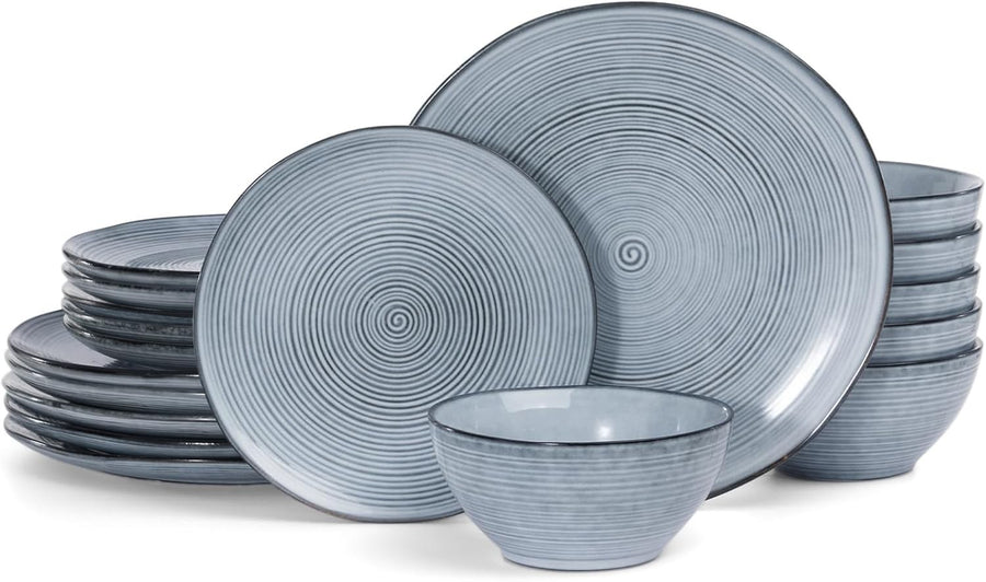 18pc Stoneware Dinnerware Set Plates Bowls Blue Swirl Service for 6
