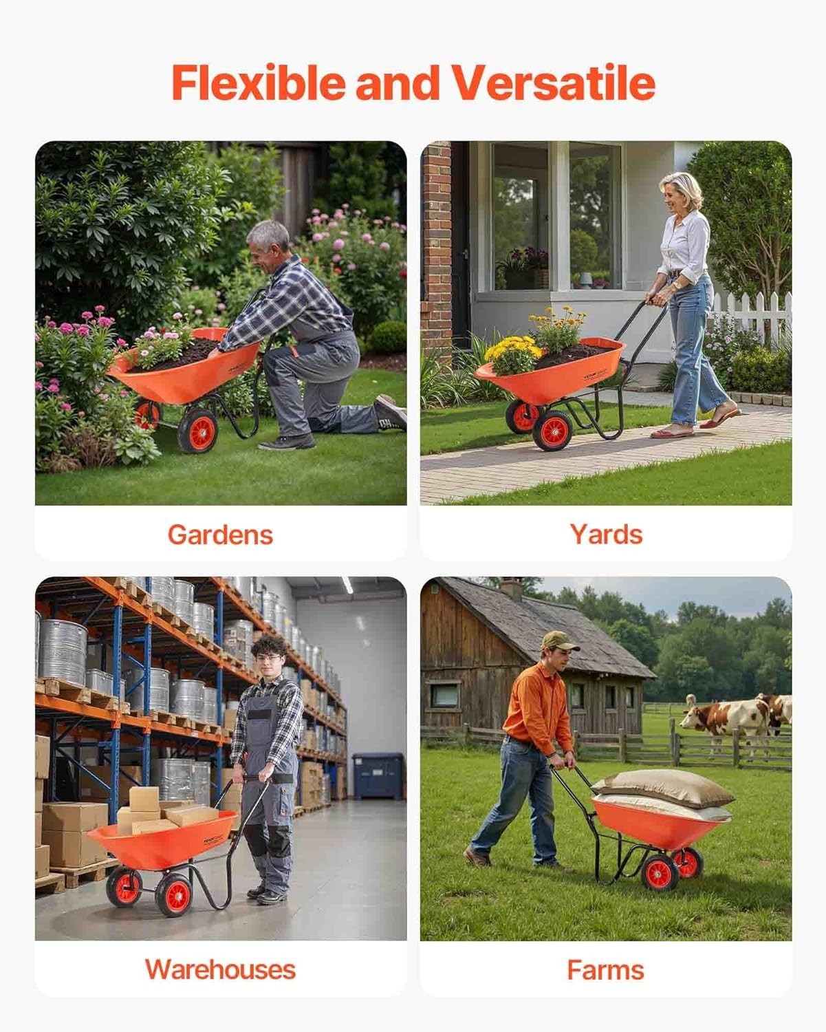 85L 2-Wheel Garden Wheelbarrow & Orange Heavy Duty Cart w/ 397lb Capacity