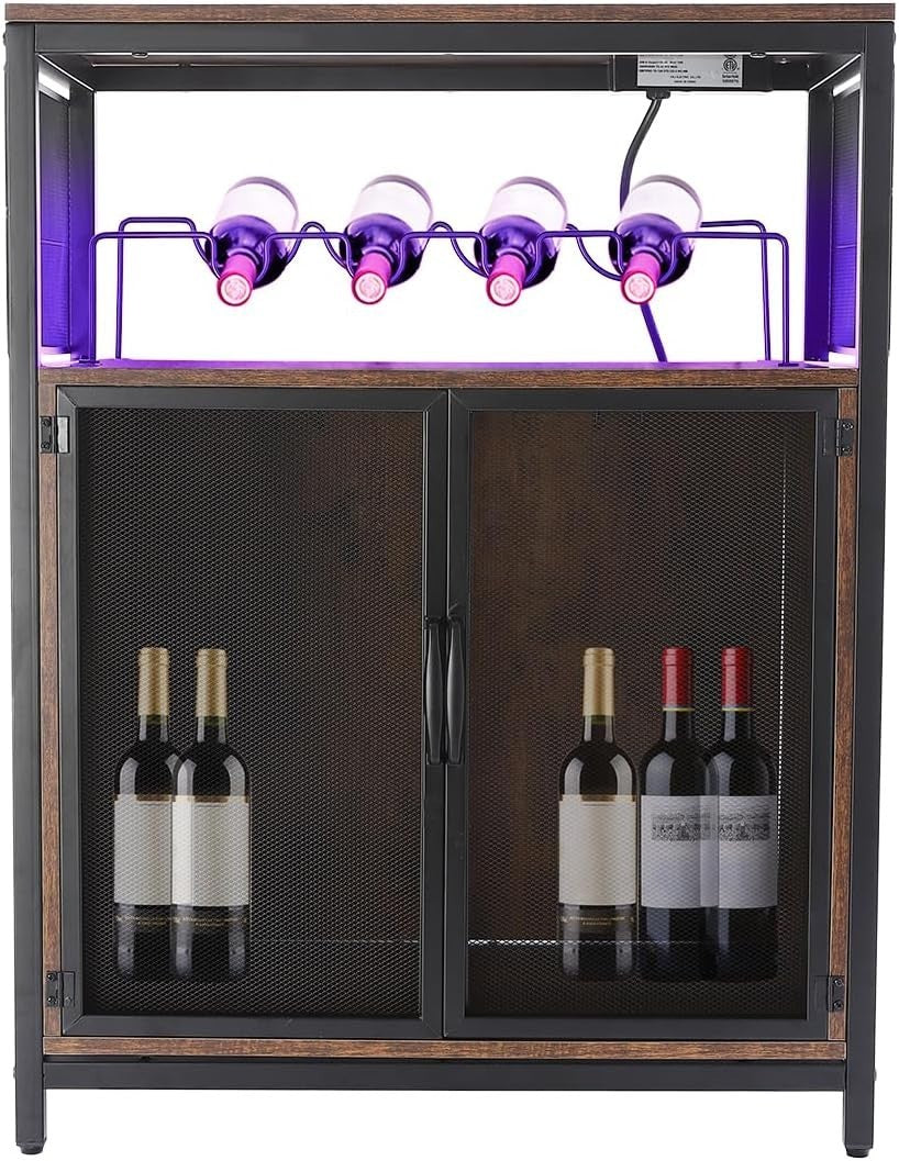 Wine Bar Cabinet with RGB LED Light & Outlet, Industrial Liquor Storage
