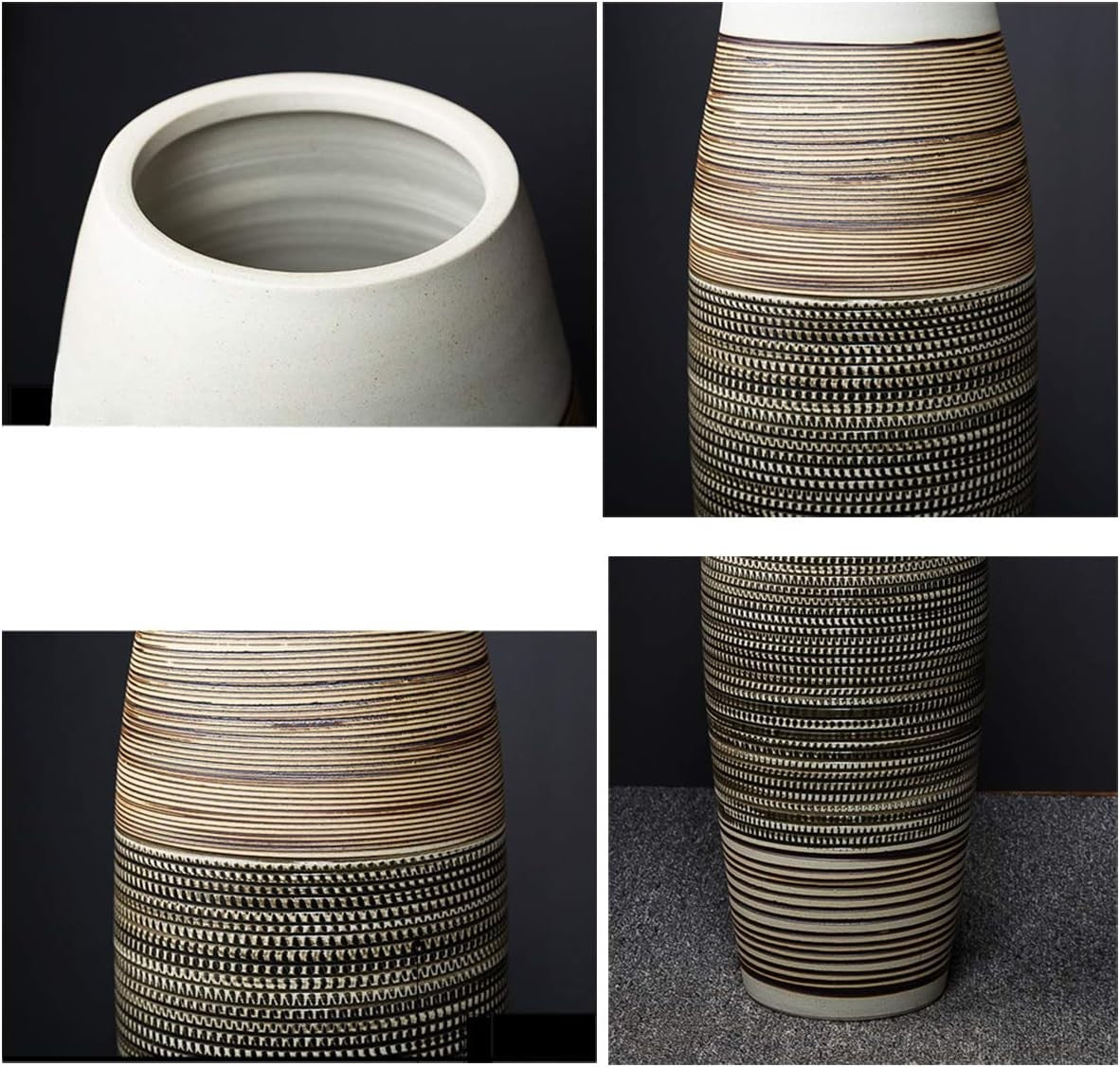 Tall Floor Vase 50cm Handmade Ceramic Brown Black Stripe Modern Home Decor