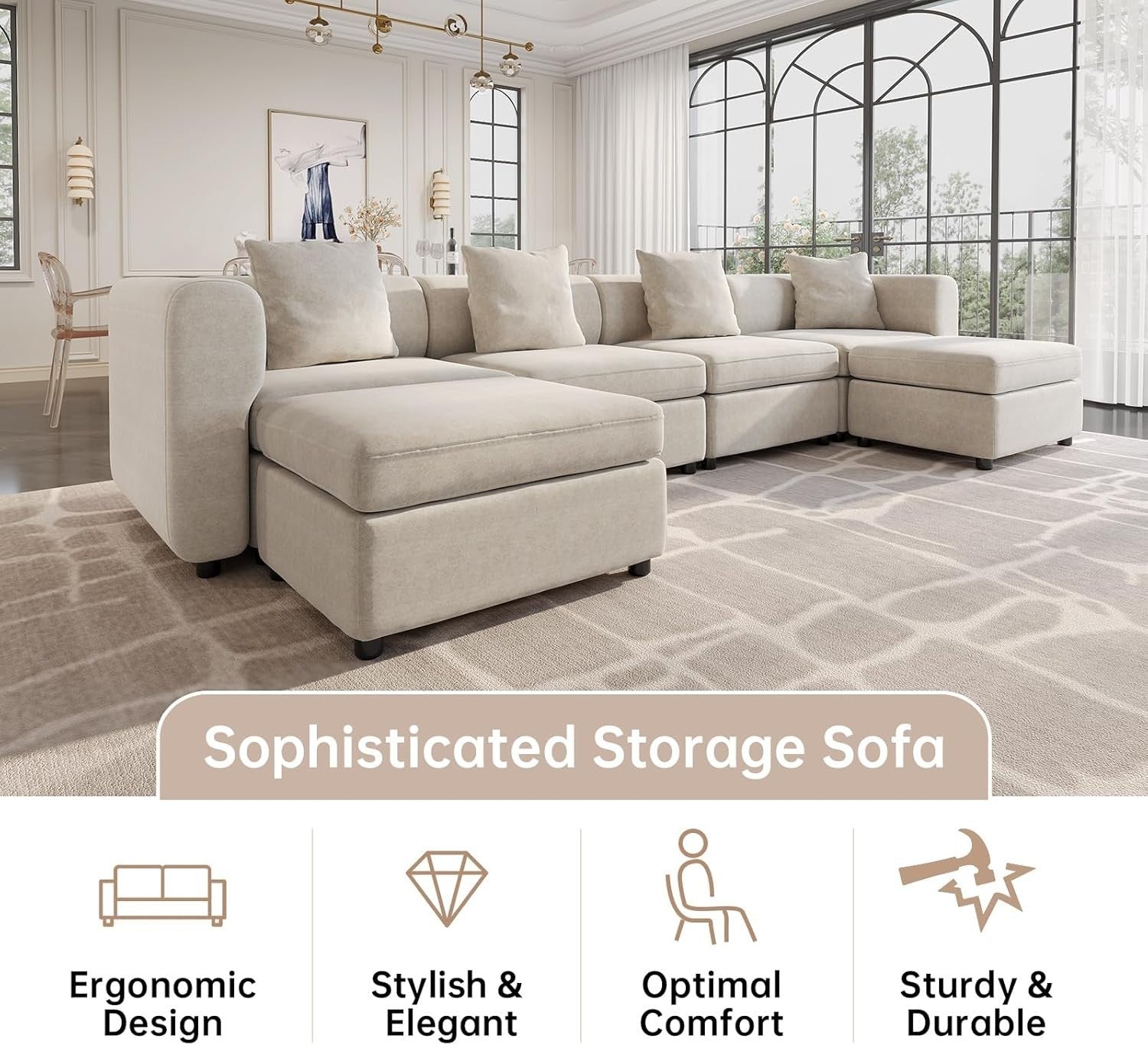 Oversized Velvet 4 Seater Sofa Beige 294CM Storage Footstool Cushions
