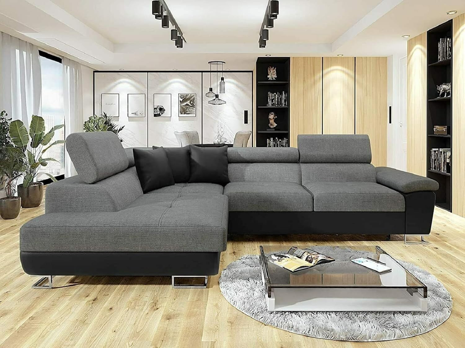 Corner Sofa Bed with Storage, Folding Double Bed, Modern Grey & Black Fabric