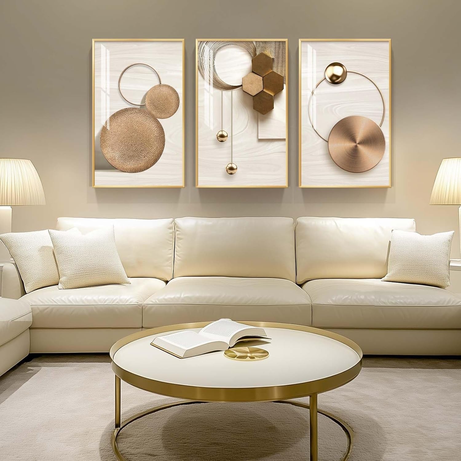 Large Framed Gold Wall Art Set of 3 Modern Geometric Prints