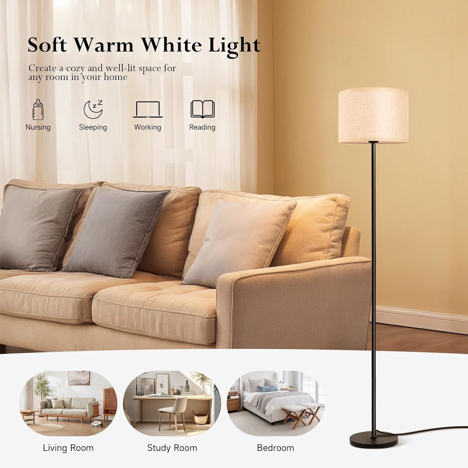 Modern Floor Lamp Linen Shade E27 Reading Light Tall Standing Lamp