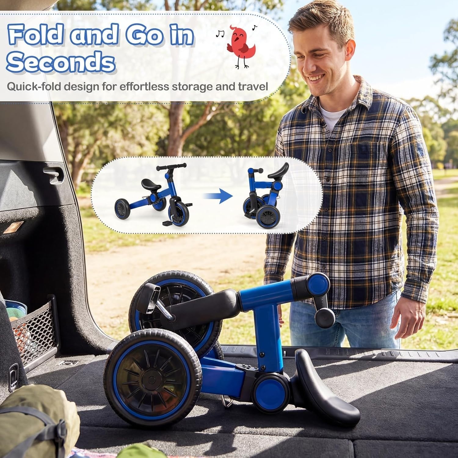Kids Tricycle Balance Bike 2-4 Years Foldable Adjustable Handlebar Blue
