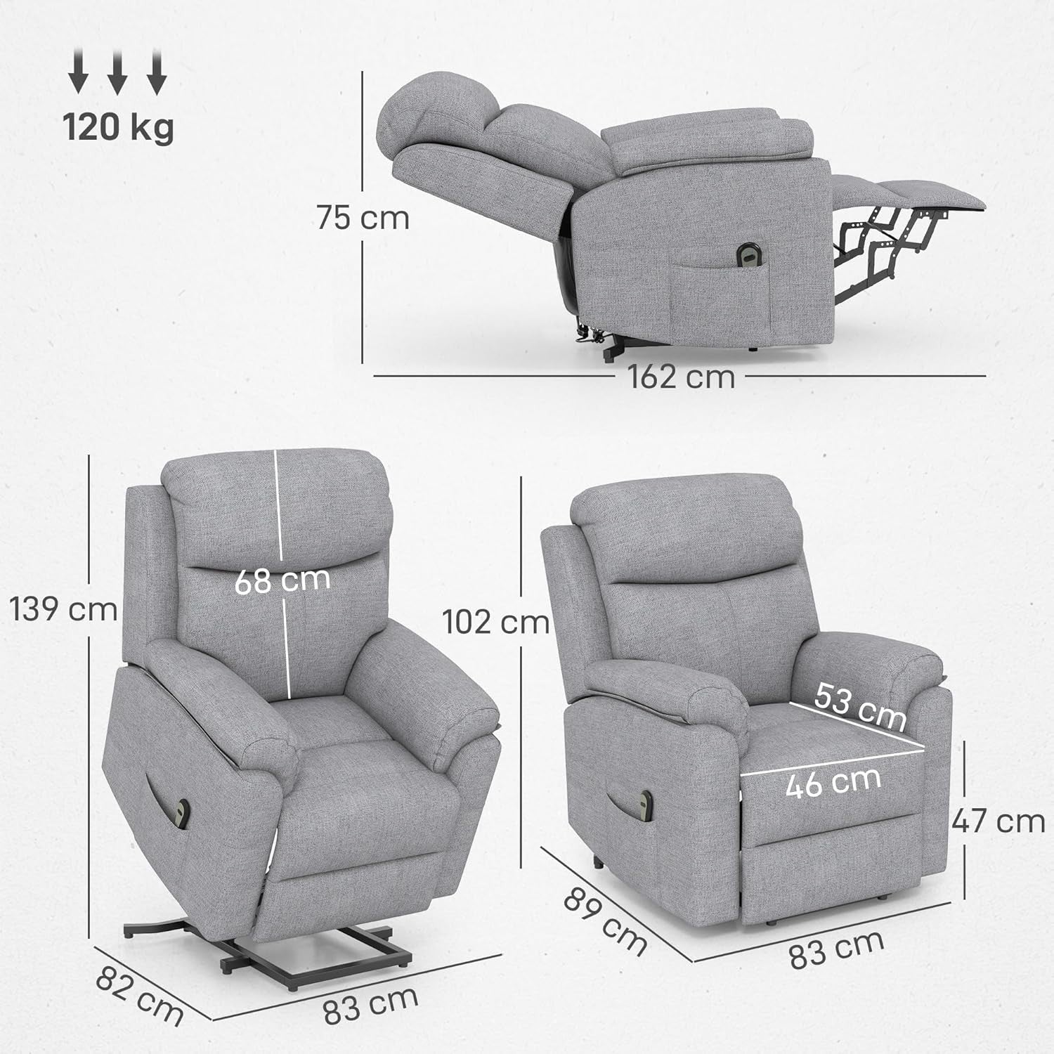 Power Lift Recliner Chair Massage Heat Electric Riser Armchair Linen Grey