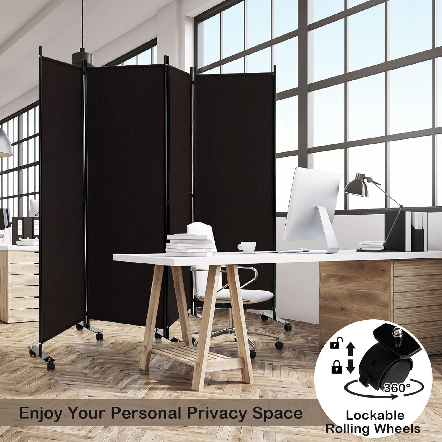 4-Panel Brown Folding Room Divider 224x30x172cm Privacy Screen Partition