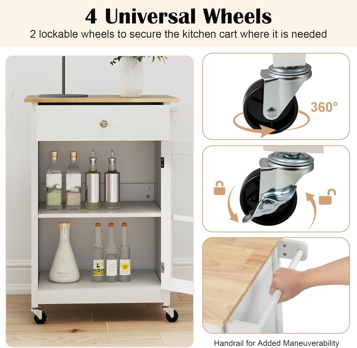 Kitchen Island on Wheels Storage Trolley with Glass Door Drawer Towel Rail