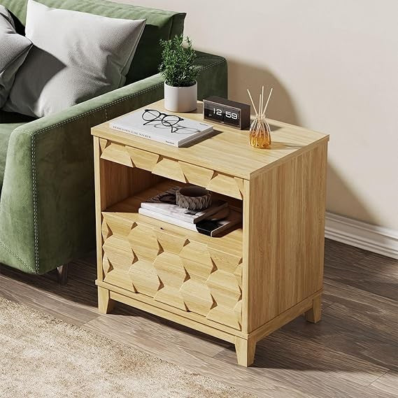 Modern Bedside Table with Hidden Locking Drawer, 3D Fluted Design, Natural Night