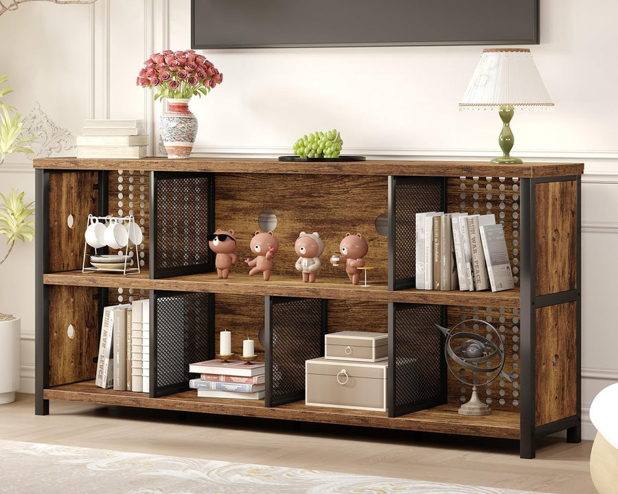 Rustic Brown 8 Cube Wooden Bookcase Storage Cabinet Industrial Style 160x34x76cm