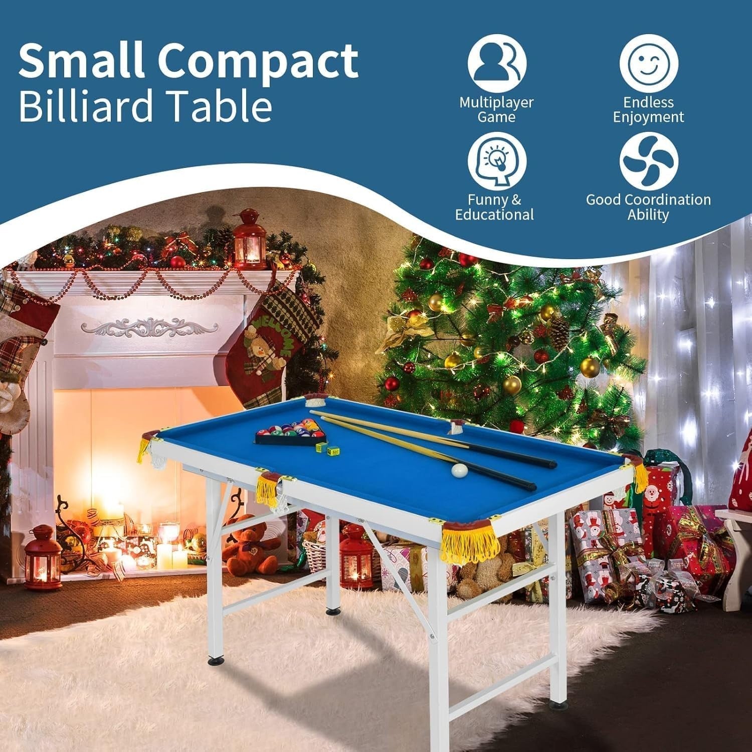 4FT Foldaway Pool Game Table Portable Family Billiards Set Blue