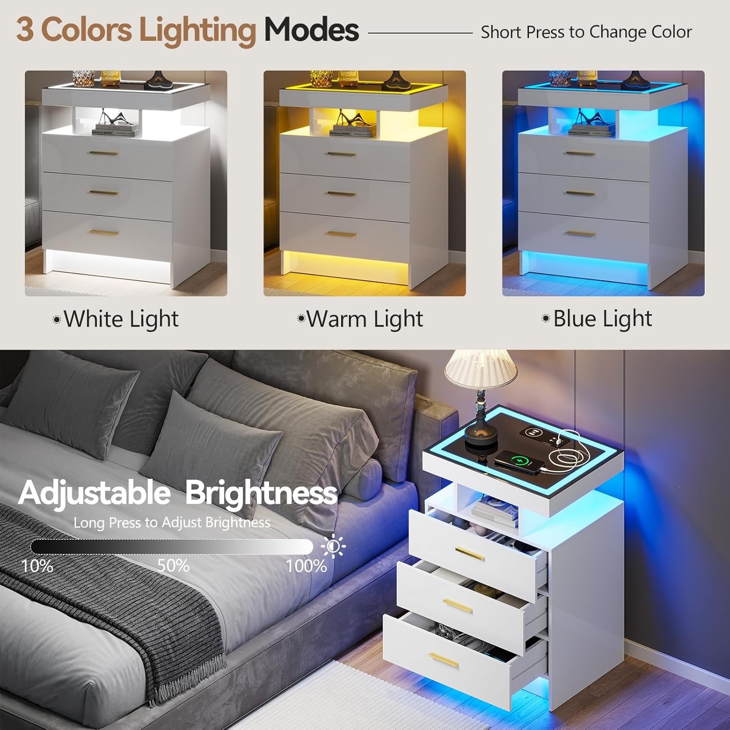 Set of 2 White LED Bedside Tables Wireless Charging, Glass Top & Drawers