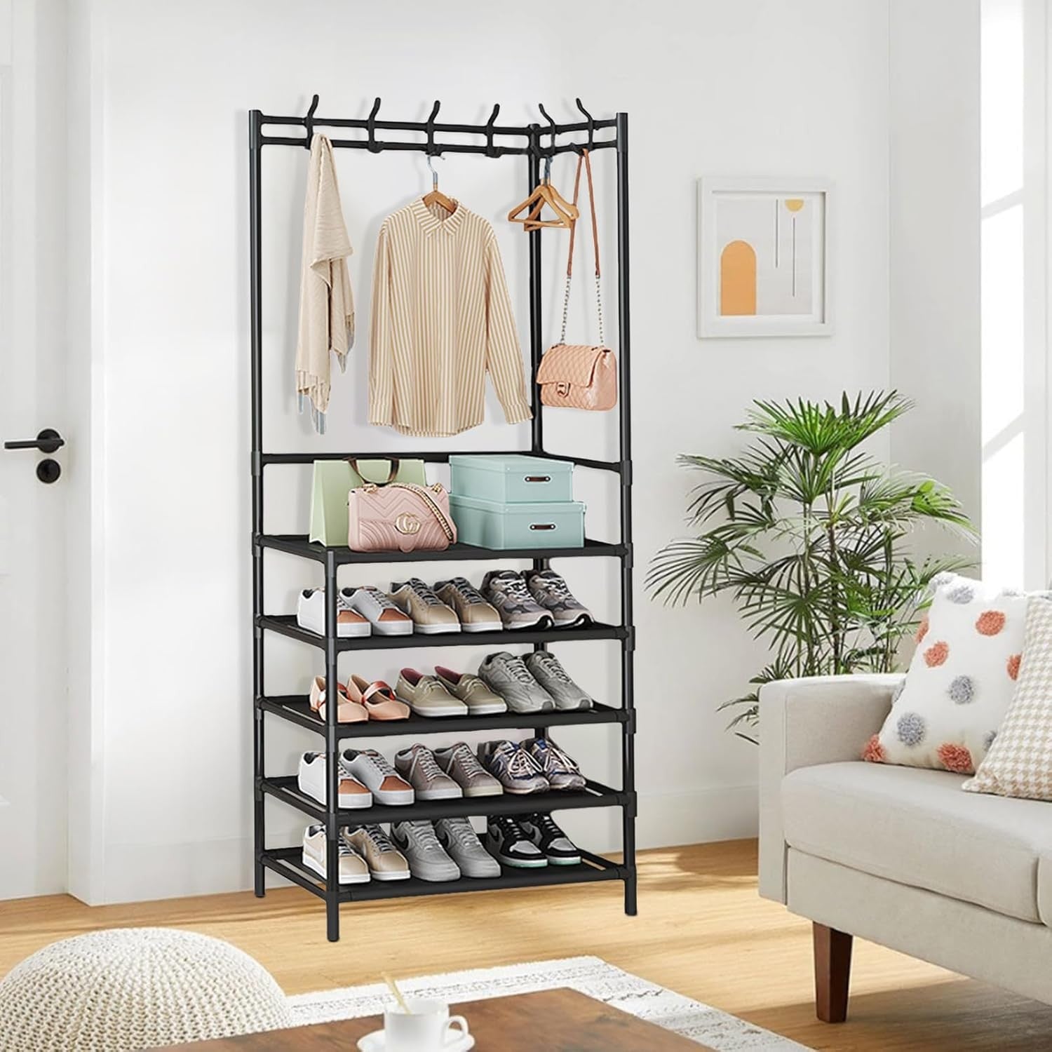Black 5-Tier Coat & Shoe Rack | Hallway Storage Stand with Hooks & Shelves