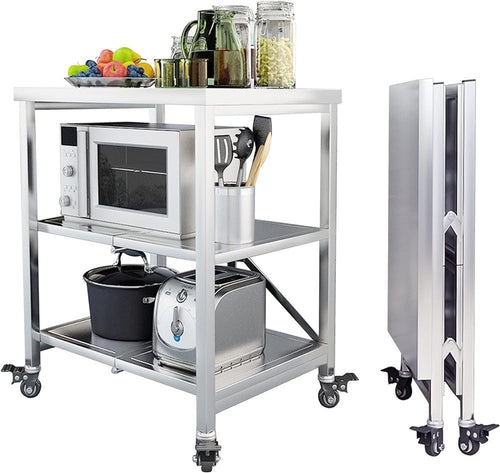 Black Folding Stainless Steel Kitchen Cart with 3 Shelves & Locking Wheels