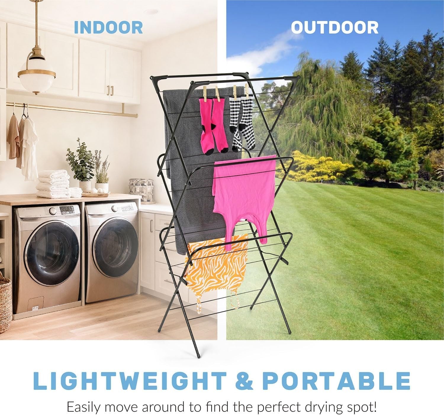 3 Tier Clothes Airer Folding Drying Rack Heavy Duty with Hanger Hooks Indoor
