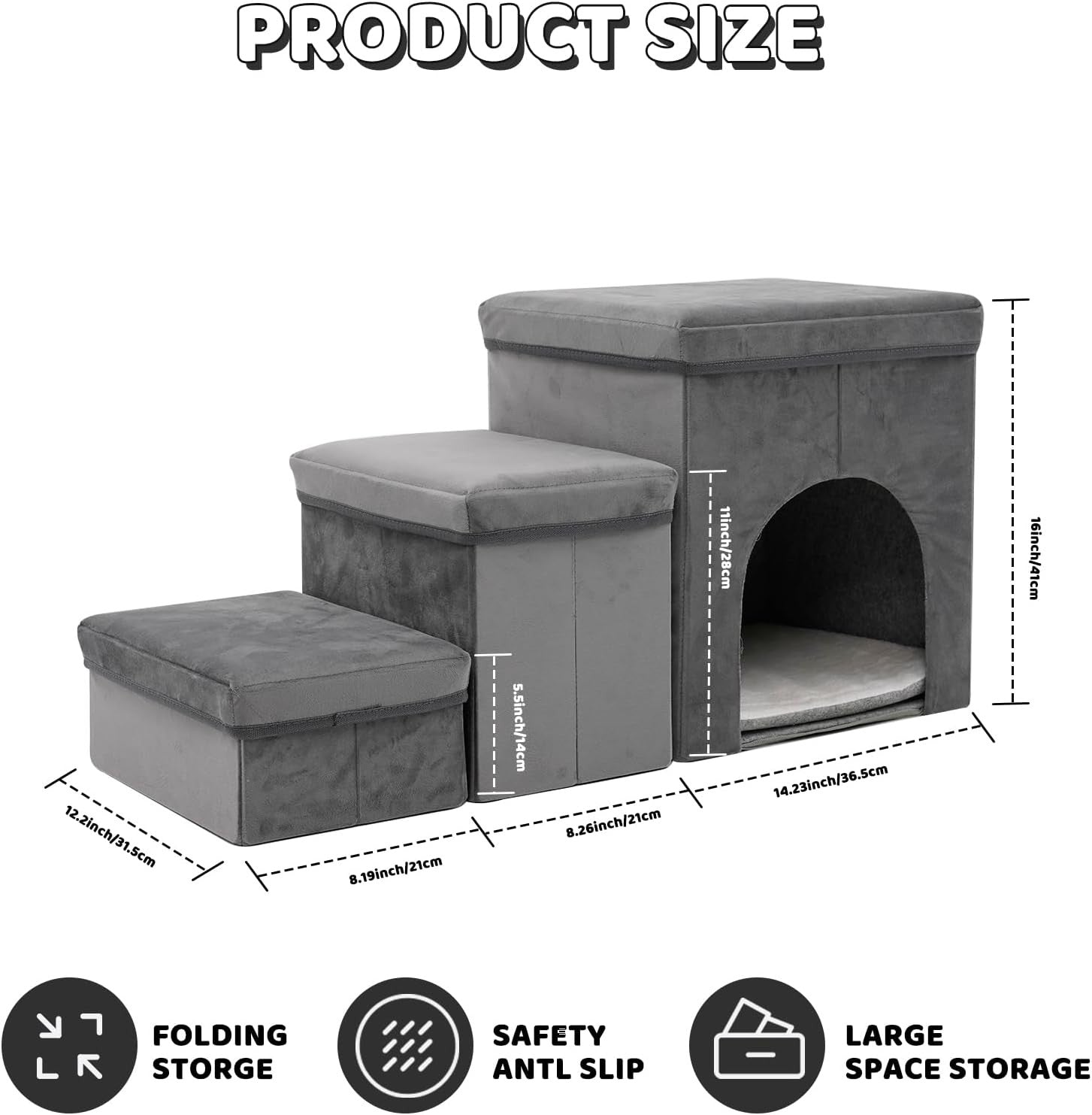 Grey Folding 3 Step Dog Stairs Anti Slip Plush Cover