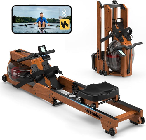 Foldable Wooden Water Rowing Machine LCD Quiet 6-Level Resistance App Home Gym