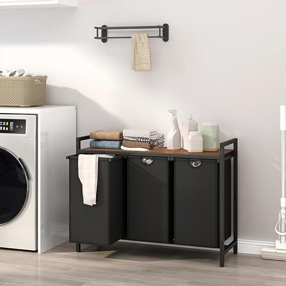 3 Section Laundry Hamper with Removable Bags & Shelf, Black Walnut Organiser
