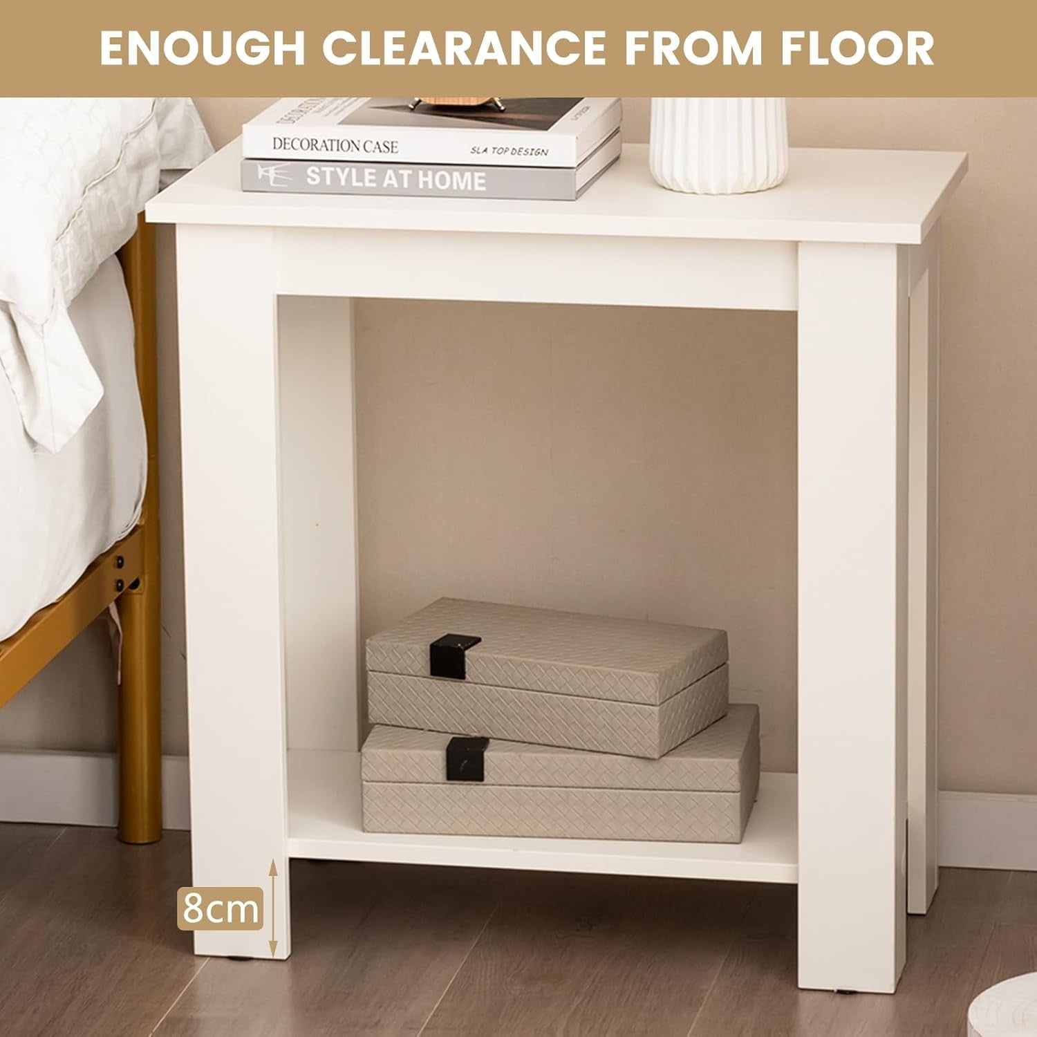 Slim White 2-Tier Bedside Table with Storage Shelf – Modern Compact Side Table