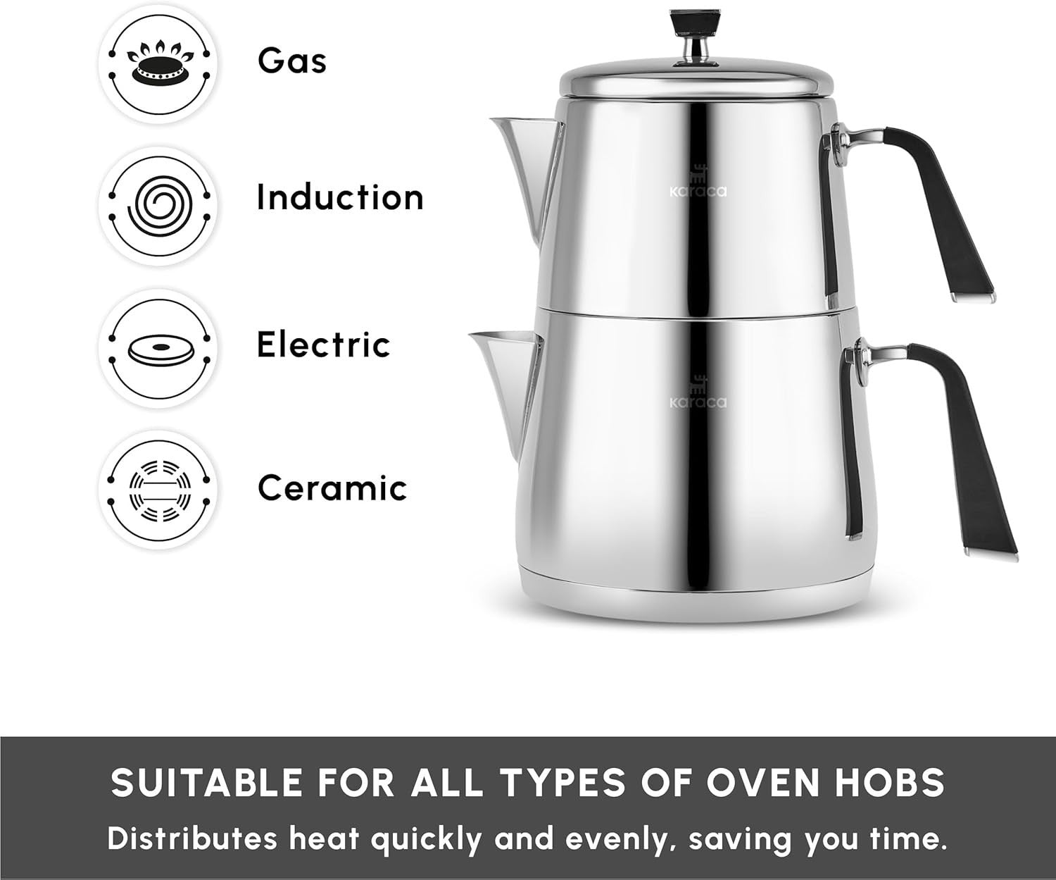 Turkish Teapot Set 3L Stainless Steel Caydanlik Induction Compatible