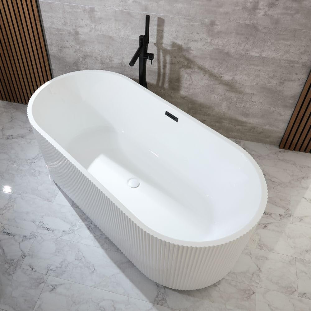 White Double Ended Freestanding Fluted Bath 1700x800mm Black Overflow