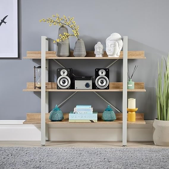 Wide 3 Tier Ladder Shelf Bookcase Modern Oak Effect Storage Unit Metal Frame