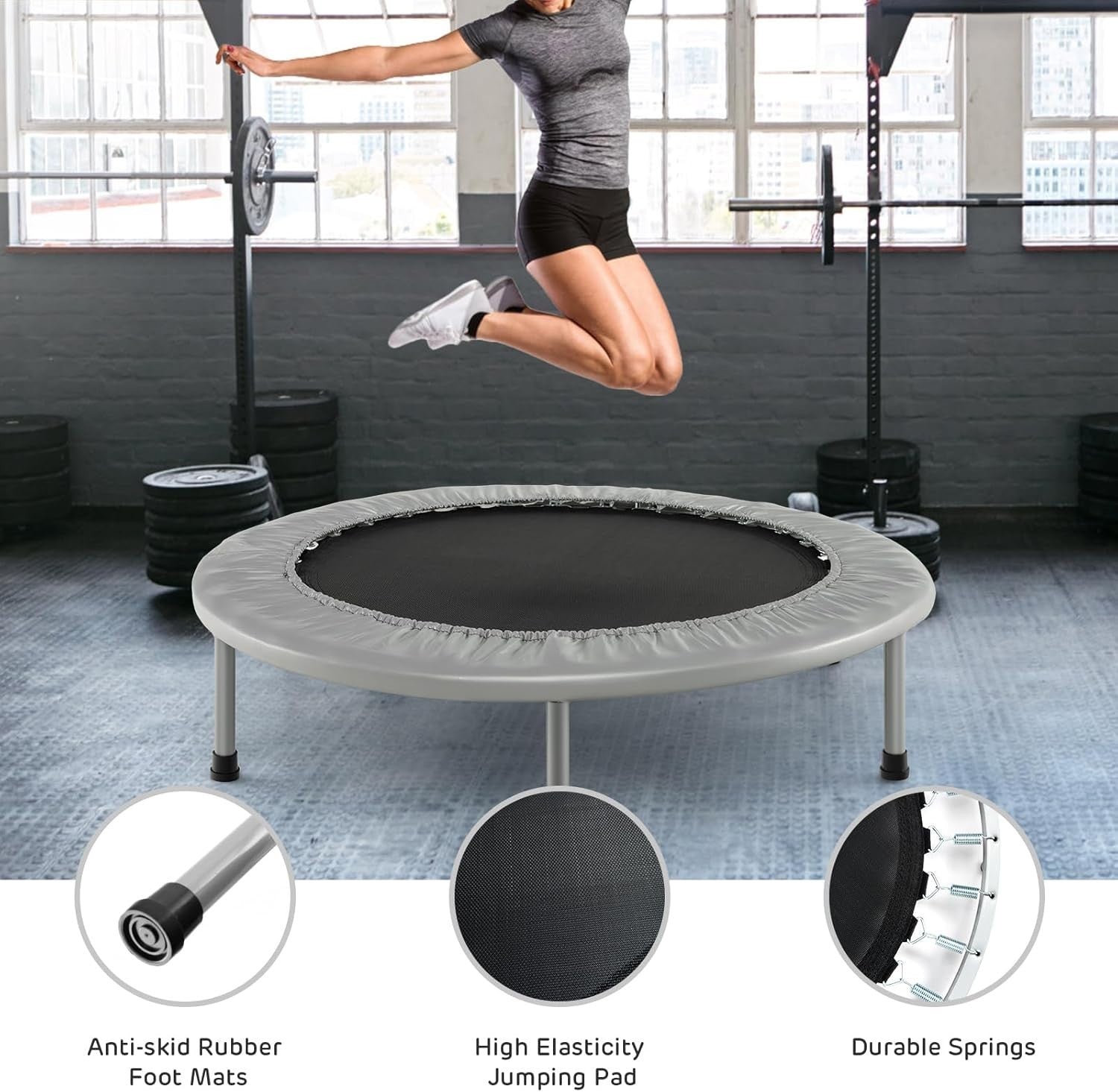 38'' Foldable Mini Trampoline Fitness Rebounder Indoor Outdoor Silver
