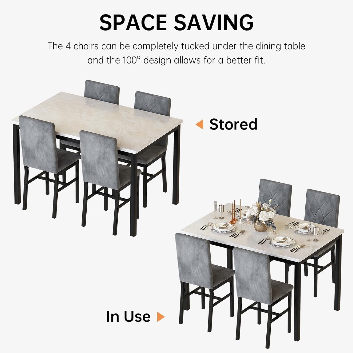 4 Seater Dining Table Set Marble Top & Velvet Chairs Modern Beige Grey